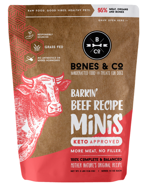 Bones & Co. Barkin' Beef Recipe Raw Frozen Mini Patties Dog Food